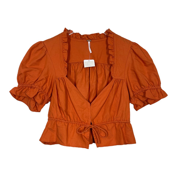Free People Tops - Free People Orange Cropped Tie Front Top Small New Puff Sleeve Boho Sweetheart